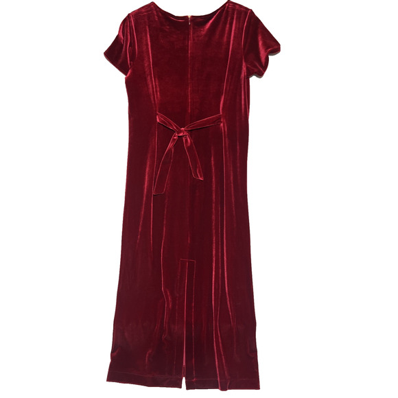 Hillared & Hanson Velvet Midi Shift Dress 12 Red Short Sleeve Holiday Tie Back - Picture 2 of 9